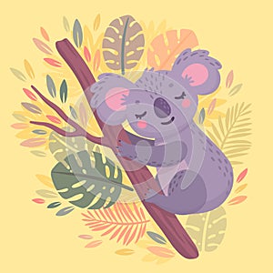 Cute hand drawn koala sleeping on the branch