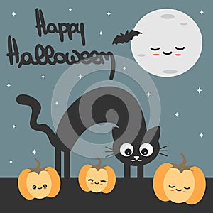 Cute hand drawn lettering happy halloween cartoon vector card with black cat, pumpkins and moon