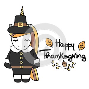 Cute hand drawn lettering happy thanksgiving vector card with pilgrim unicorn