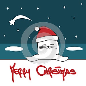 Cute hand drawn lettering merry christmas vector card with cartoon baby seal with santa hat