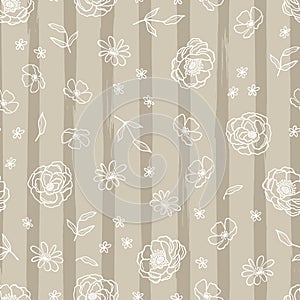 Cute hand drawn lineart flowers seamless pattern, floral background, great for spring and summer themes, Mother`s Day, Valentine