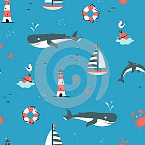 Cute hand drawn marine seamless pattern, lovely creatures, lighthouse, ship and decoration, background, great for children`s