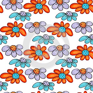 Cute hand drawn marker doodle seamless pattern with decorative daisy flowers