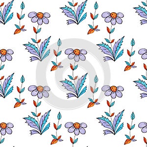 Cute hand drawn marker doodle seamless pattern with decorative daisy flowers