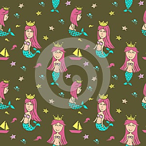 Cute hand drawn mermaid queen pattern seamless background.