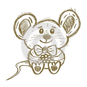 Cute Hand Drawn Mouse with Bow and Berry Isolated on White