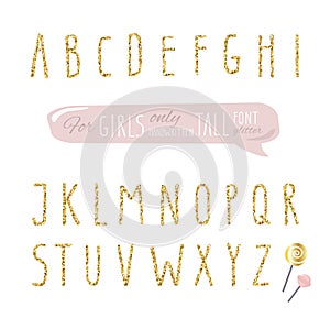 Cute hand drawn narrow glitter font for girls. Tall shiny alphabet. Doodle written condensed thin letters.