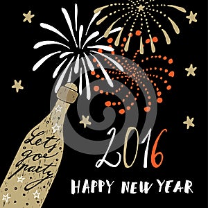 Cute hand drawn New Year 2016 greeting card with champagne bottle and fireworks,