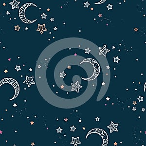 Cute hand drawn night sky seamless pattern with ornate stars and moons, comic background, great for textiles, banners, wallpapers