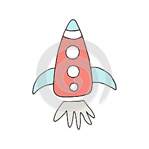 Cute hand drawn nursery poster with space rocket in scandinavian style. Color illustration