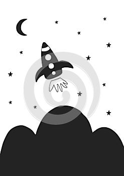Cute hand drawn nursery poster with space rocket in scandinavian style. Monochrome illustration