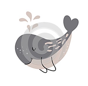 Cute hand drawn nursery whale in ocean. Vector kids illustration in scandinavian style with simple background. Funny