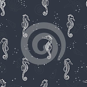 Cute hand drawn ornate sea horses seamless pattern, underwater theme background, great for fabrics, banners, wallpapers, wrapping