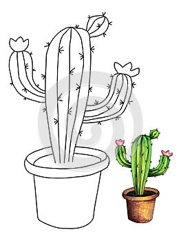 Cute hand drawn outline cactuse in the pots, coloring page for kids