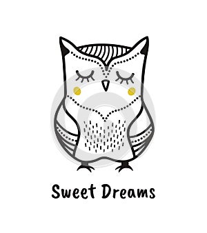 Cute hand drawn owl with quote. Sweet dreams. Print