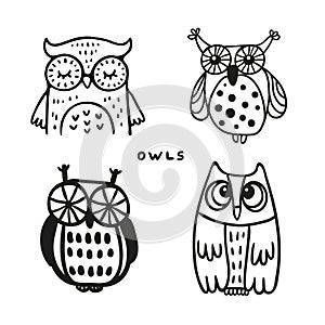 Cute hand drawn owls linear icons set wild carnivore birds