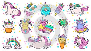 Cute hand drawn patches. Magic fairytale pony unicorn, fabulous cat and sweet candy stickers cartoon vector illustration photo