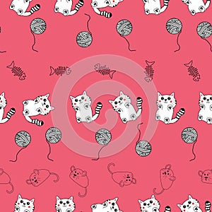 Cute hand drawn pattern background with kittens , fish bones, mice and yarn balls.