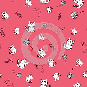 Cute hand drawn pattern background with kittens , fish bones, mice and yarn balls.