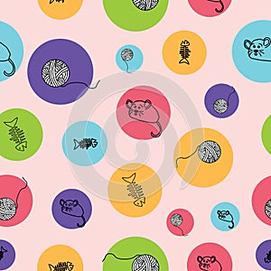 Cute hand drawn pattern background with kittens , fish bones, mice and yarn balls on colorful circles.