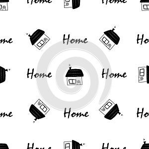 Cute Hand drawn pattern with fairy tale house with window and text home for fabric, prints, kids. Vector illustration