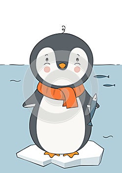 Cute hand drawn penguin with fish.