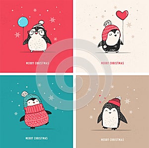 Cute hand drawn penguins set - Merry Christmas greetings