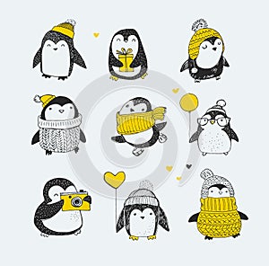 Cute hand drawn penguins set - Merry Christmas greetings