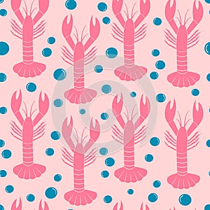 Cute hand drawn pink lobster seamless vector pattern background illustration