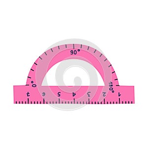 Cute hand drawn plastic protractor with ruler in cartoon style. Tool for drawing, measurement degrees. School supply and