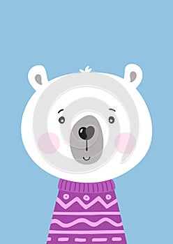 Cute hand drawn polar bear in purple sweater.