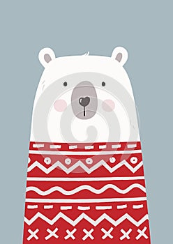 Cute hand drawn polar bear in red sweater.