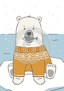 Cute hand drawn polar bear in yellow sweater.