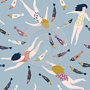 Cute hand-drawn repeat pattern design with swimming girls and fish. Underwater seamless background. Vector stylish su