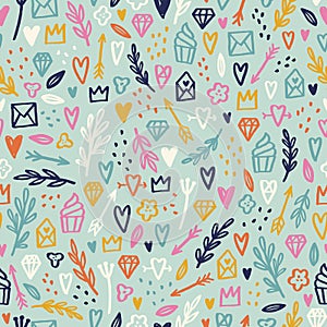 Cute hand drawn romantic doodles seamless pattern.