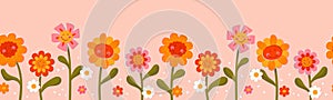 Cute hand drawn seamless border with vintage groovy daisy flowers. Happy retro floral vector background surface design, textile,