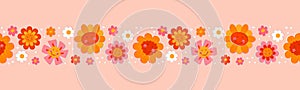 Cute hand drawn seamless border with vintage groovy daisy flowers. Happy retro floral vector background surface design, textile,
