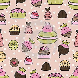 Cute hand drawn seamless pattern with chocolate, candy, macarone, strawberry, dessert.
