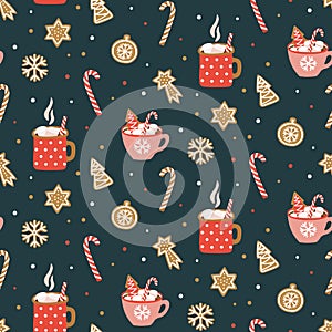 Cute hand drawn seamless pattern with cocoa, marshmallow and christmas cookies.