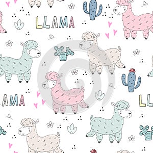 Cute hand drawn seamless pattern lamas. Vector print