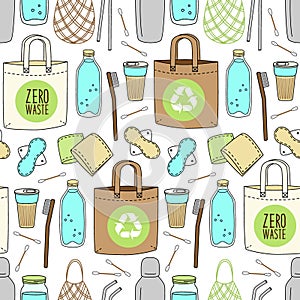 Cute hand drawn seamless pattern of no plastic, zero waste concept, eco lifestyle, go green theme