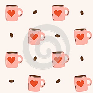 cute hand drawn seamless pattern with pink coffee cups with red hearts and coffee bean