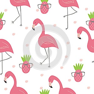 Cute hand drawn seamless pattern with pink flamingo. Vector print