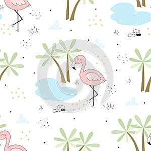 Cute hand drawn seamless pattern with pink flamingo. Vector print