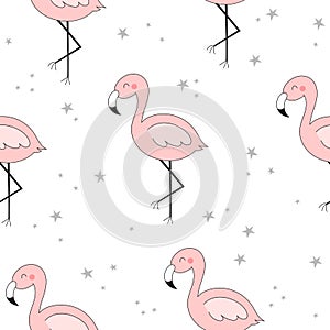 Cute hand drawn seamless pattern with pink flamingo. Vector print