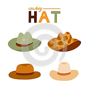 Cute hand drawn set of cowboy hats. Sheriff hat with cow print, star, ribbon in cowboy and western theme. Simple