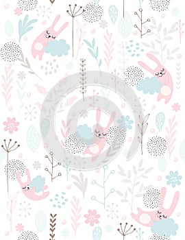 Cute Hand Drawn Sleeping Little Bunnies, Vector Pattern. Pink Rabbits Sleeping on the Blue Clouds. Pink, Grey and Blue Flowers, Tw