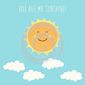 Cute hand drawn smiling cartoon character of Sun with hand written text