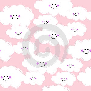 Cute Hand Drawn Smiling Clound And Stars Vector Seamless