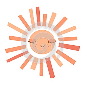 Cute hand drawn smiling sun with closed eyes. Scandinavian style decoration for nursery kids room